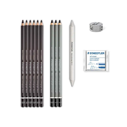 Staedtler - Σετ Μολυβοκάρβουνα με γομολάστιχα, ξύστρα και σφομύλι - 12 Τεμάχια