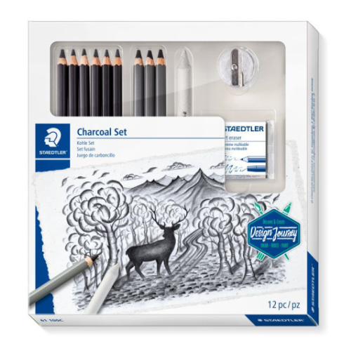 Staedtler - Σετ Μολυβοκάρβουνα με γομολάστιχα, ξύστρα και σφομύλι - 12 Τεμάχια