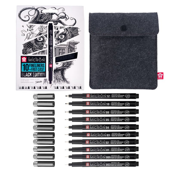 Sakura Black Edition - Πενάκια σχεδίου  Pigma Micron - 10 τεμάχια με θήκη